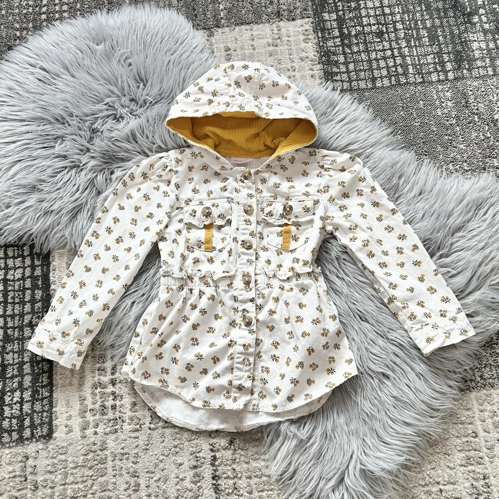 Little Lass Girls Cream And mustard Yellow Floral Hooded Jacket Size 6